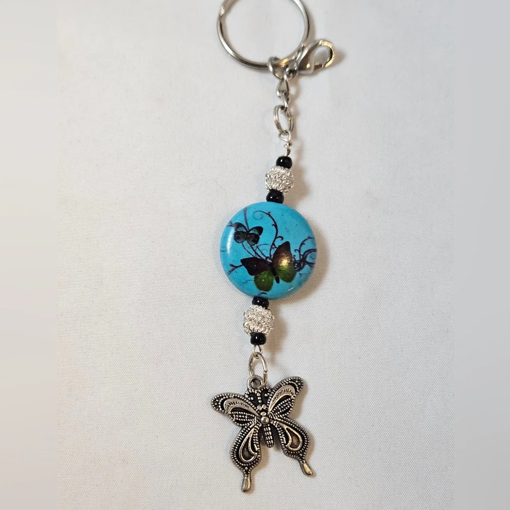 Handmade Butterfly Charm Keychain - Turquoise & Silver Beaded Key Fob